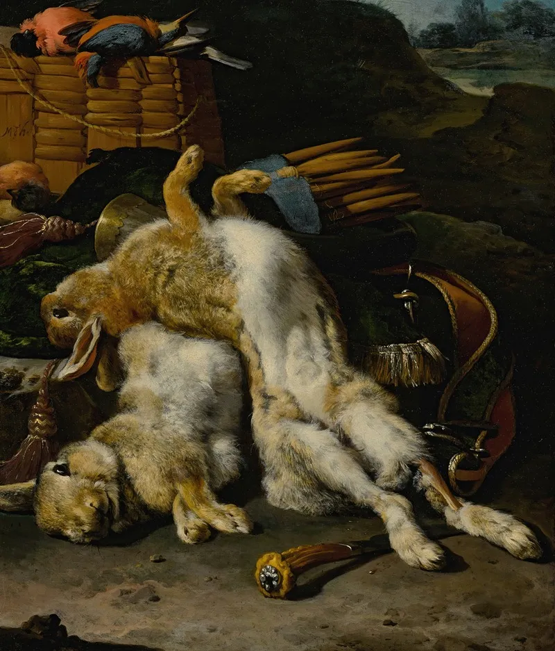 A Brace Of Rabbits And Small Birds With Hunting Equipment In A Landscape Wall Art by Melchior d'Hondecoeter - High-Resolution Digital Print