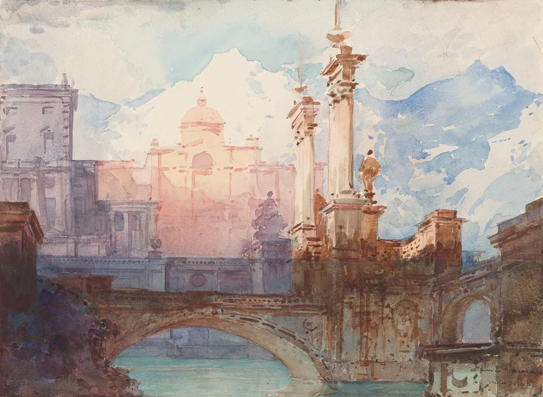 A Bridge Over Water Against A Palace Background Wall Art by Giulio Ferrari - High-Resolution Digital Print