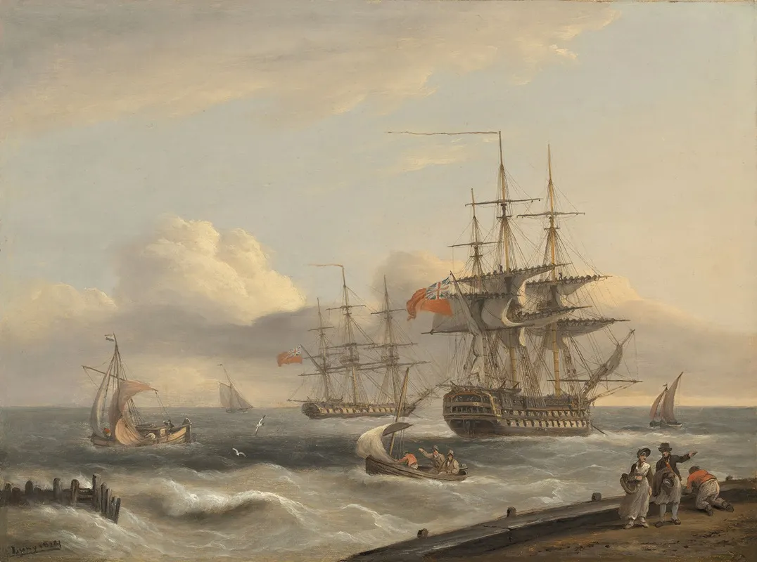 A British 74 Unfurling Its Sails As It Prepares To Leave The Anchorage With A Frigate And Various Coastal Craft Beyond