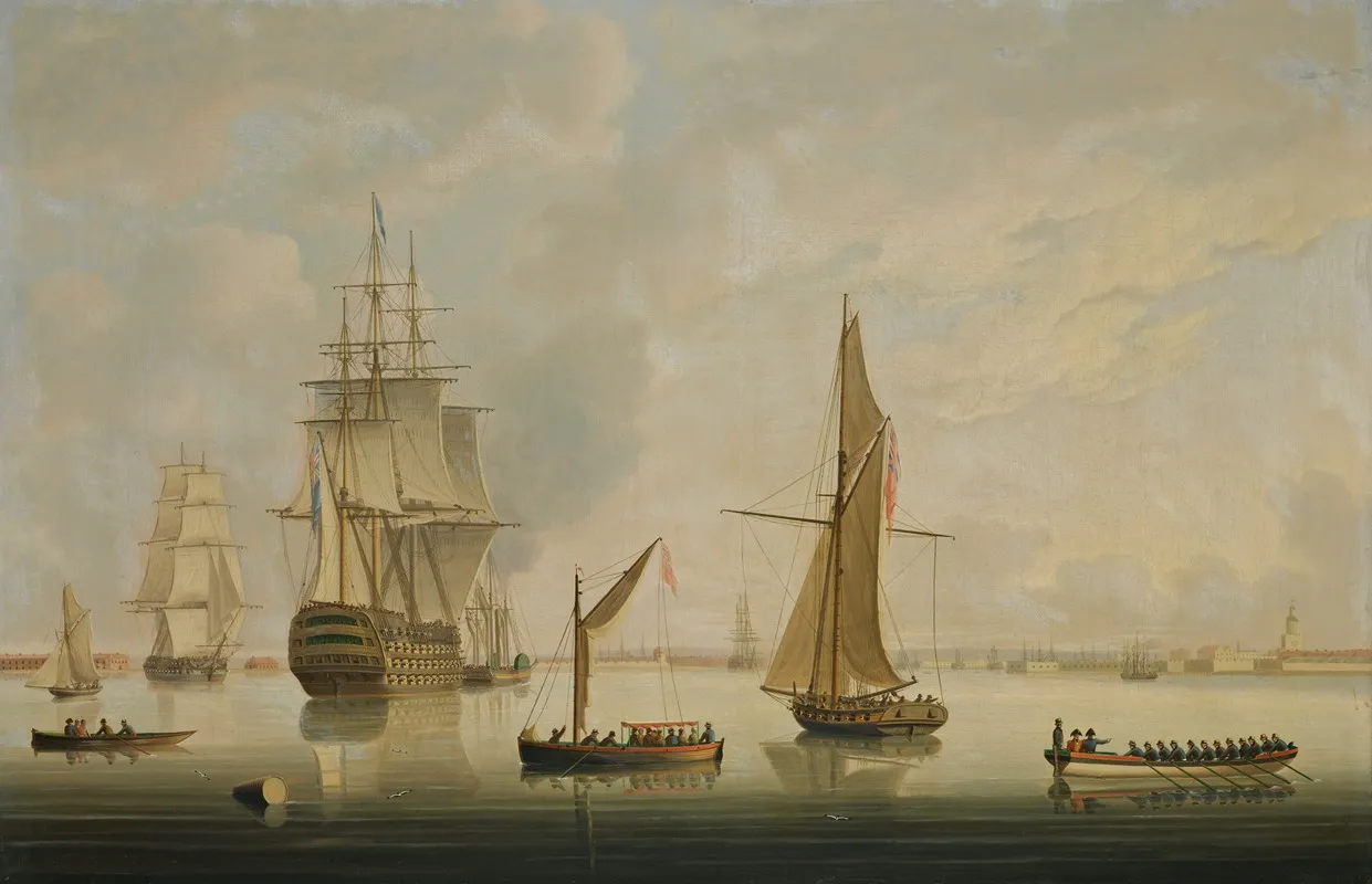A British Man Of War Being Towed Into Portsmouth Harbour By A Steam Tug Wall Art by Thomas Buttersworth - High-Resolution Digital Print