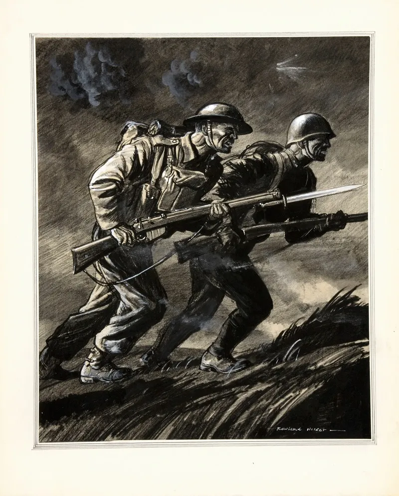 A British Soldier And A Russian Soldier Charging With Rifles Wall Art by Rowland Hilder - High-Resolution Digital Print