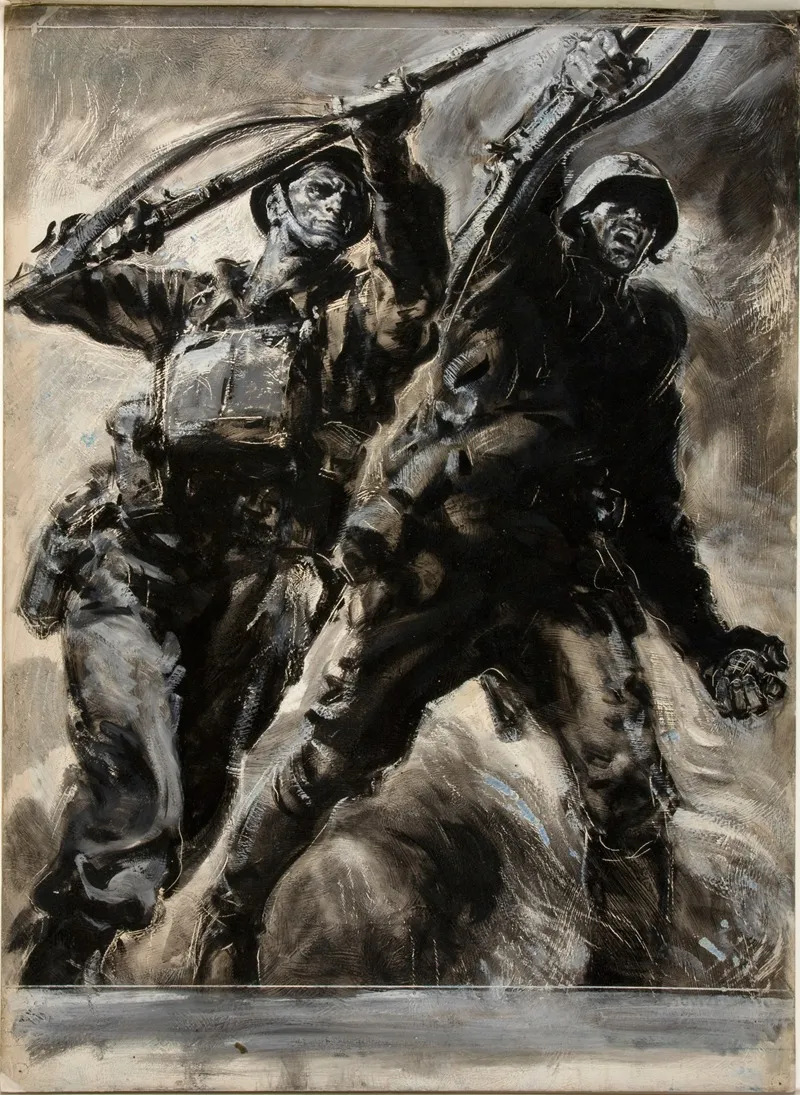 A British Soldier And A Russian Soldier With Rifles Raised Wall Art by Rowland Hilder - High-Resolution Digital Print