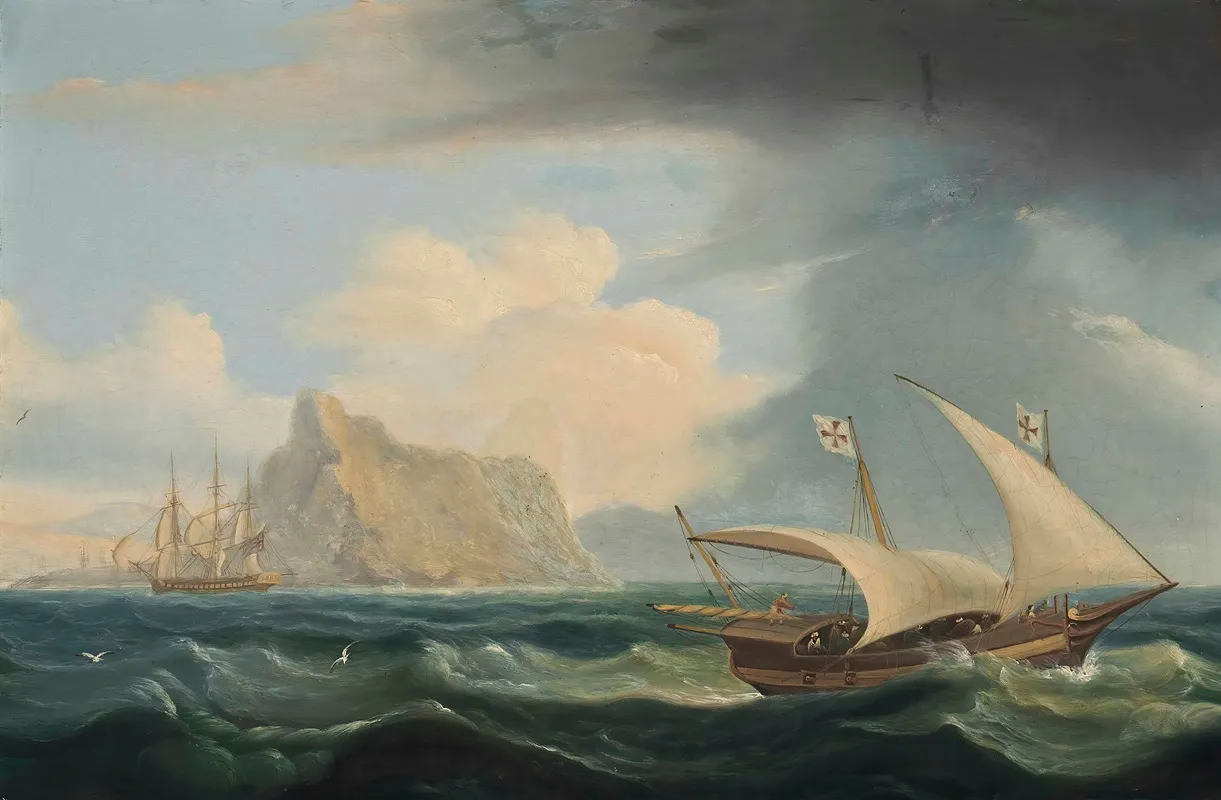 A British Warship And A Maltese Xebec In The Straits Of Gibraltar