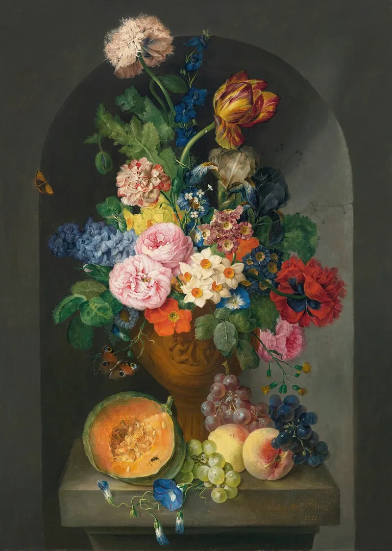 A Bronze Urn Of Flowers With A Melon Peaches And Grapes A Butterfly And A Caterpillar Wall Art by Franz Xaver Petter - High-Resolution Digital Print