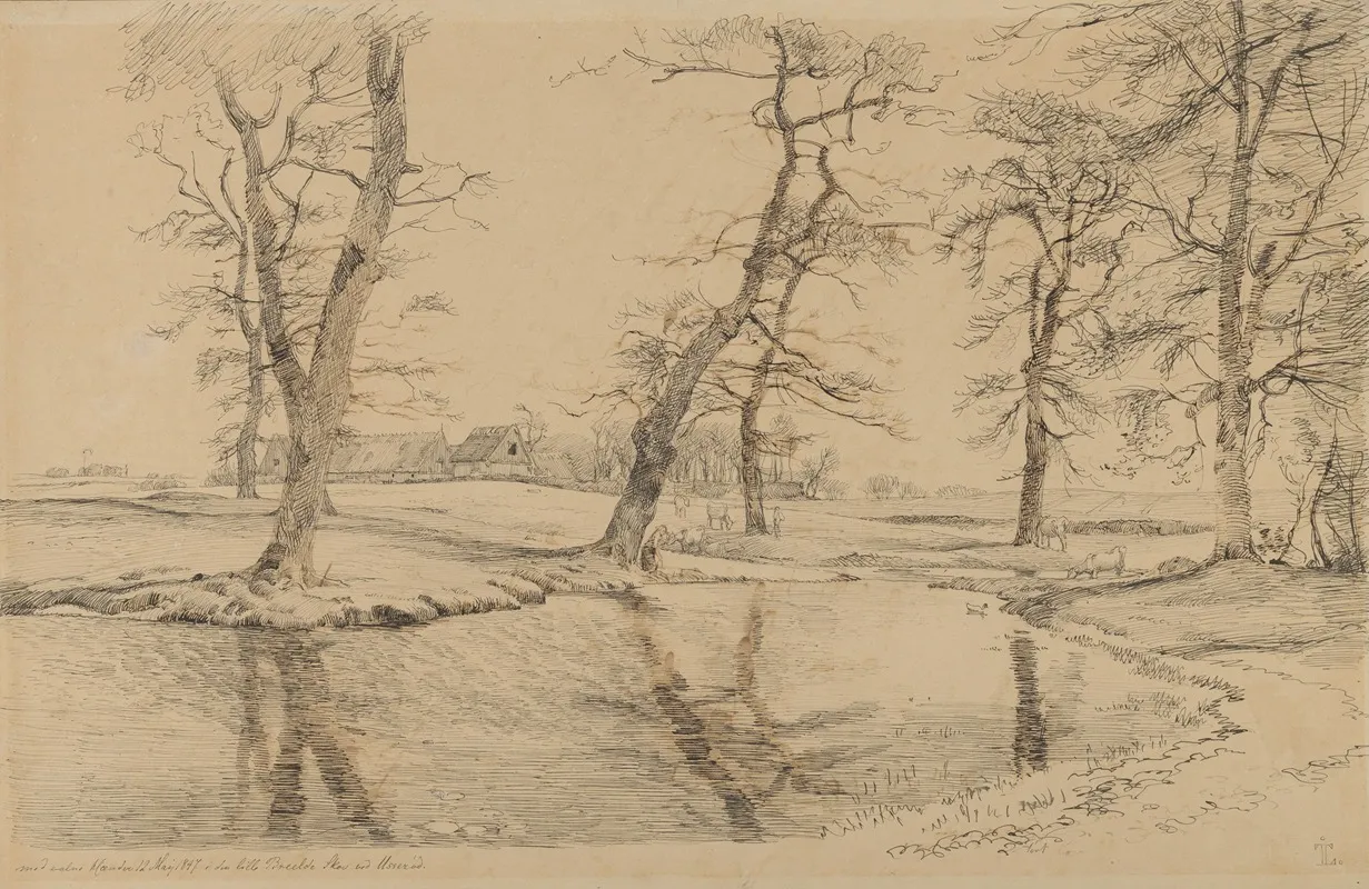 A Brook Near A Farm In Usserod With Cows And Two Figures Wall Art by Johan Thomas Lundbye - High-Resolution Digital Print