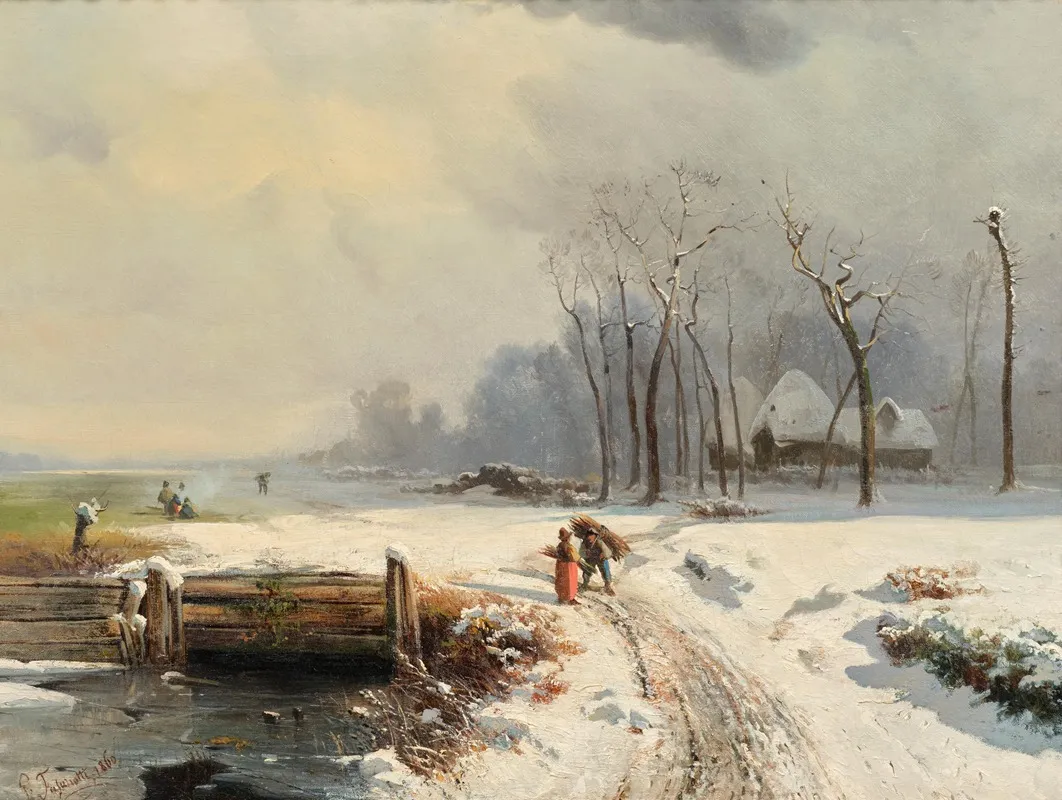 A Brushwood Gatherer In A Winter Landscape