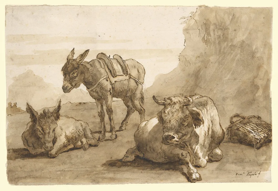 A Bull Lying Down And Two Donkeys In A Landscape Wall Art by Giovanni Domenico Tiepolo - High-Resolution Digital Print