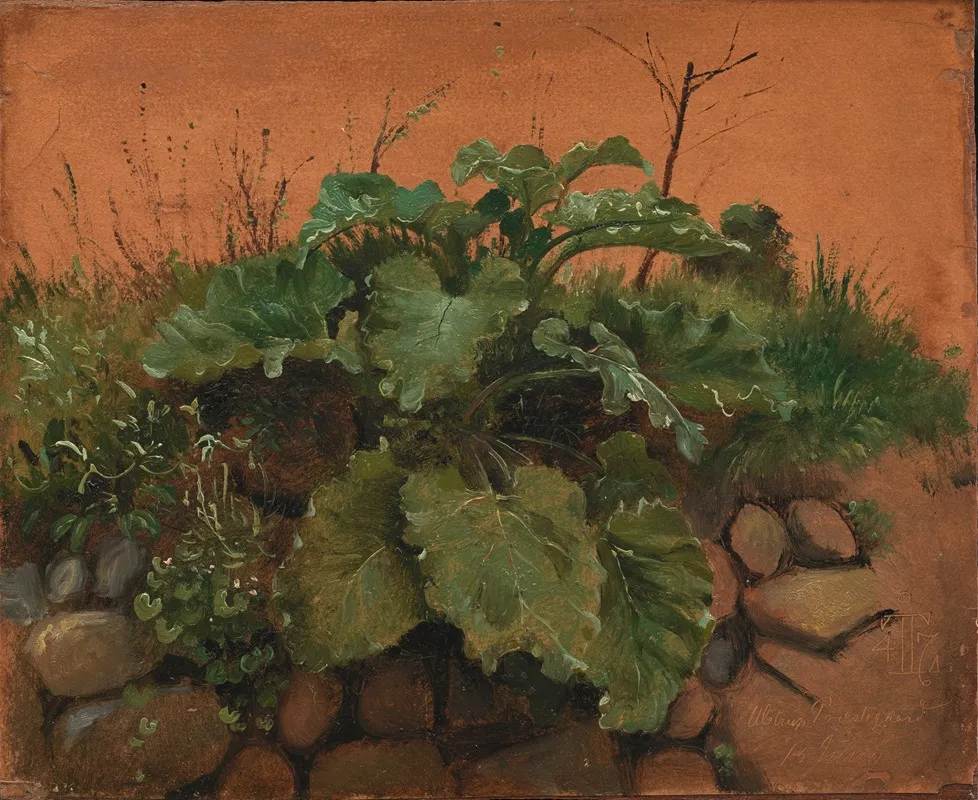 A Burdock And Other Plants On A Stone Wall Wall Art by Johan Thomas Lundbye - High-Resolution Digital Print