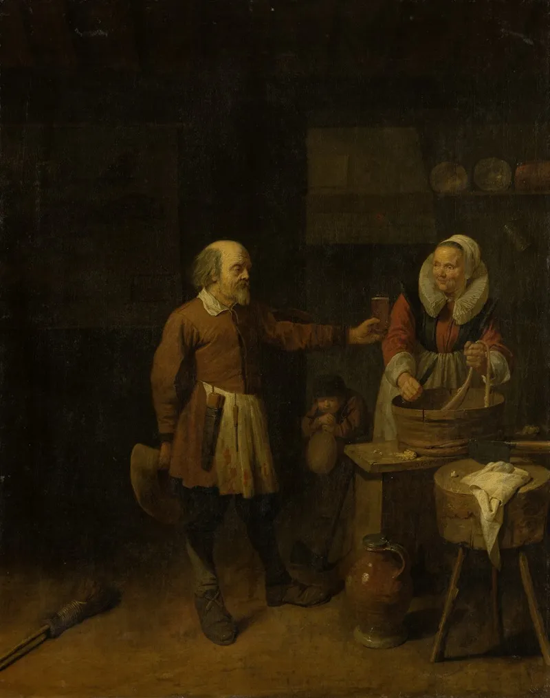 A Butcher Offering A Woman A Glass Of Beer Wall Art by David Ryckaert III - High-Resolution Digital Print