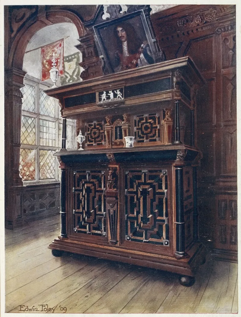 A Cabinet Of Oak And Walnut With Ebony Panels And Columns Inlaid With Rosewood And Ivory Engraved Wall Art by Edwin Foley - High-Resolution Digital Print