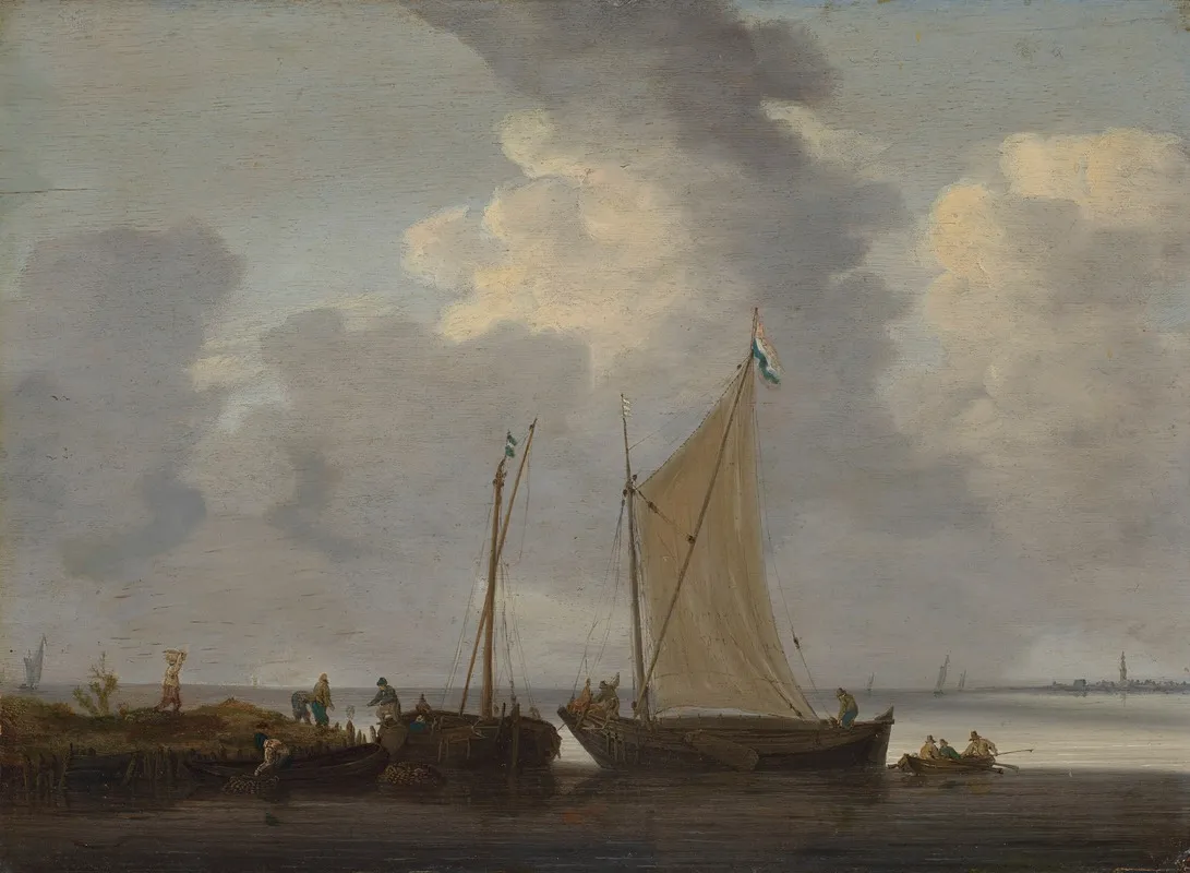 A Calm With Fishermen Unloading Their Catch Wall Art by Jeronymus van Diest - High-Resolution Digital Print