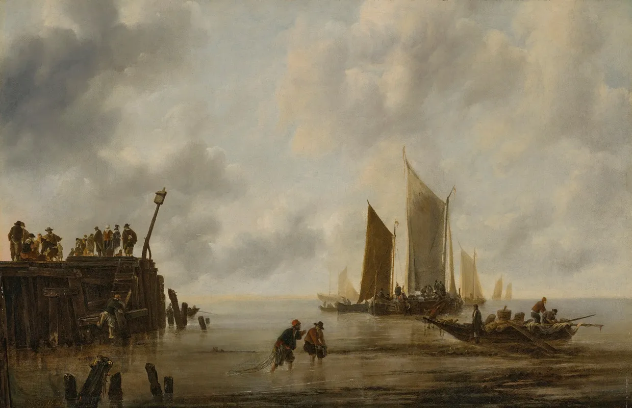 A Calm With Fishing Boats And Figures On A Jetty Wall Art by Jan van de Cappelle - High-Resolution Digital Print