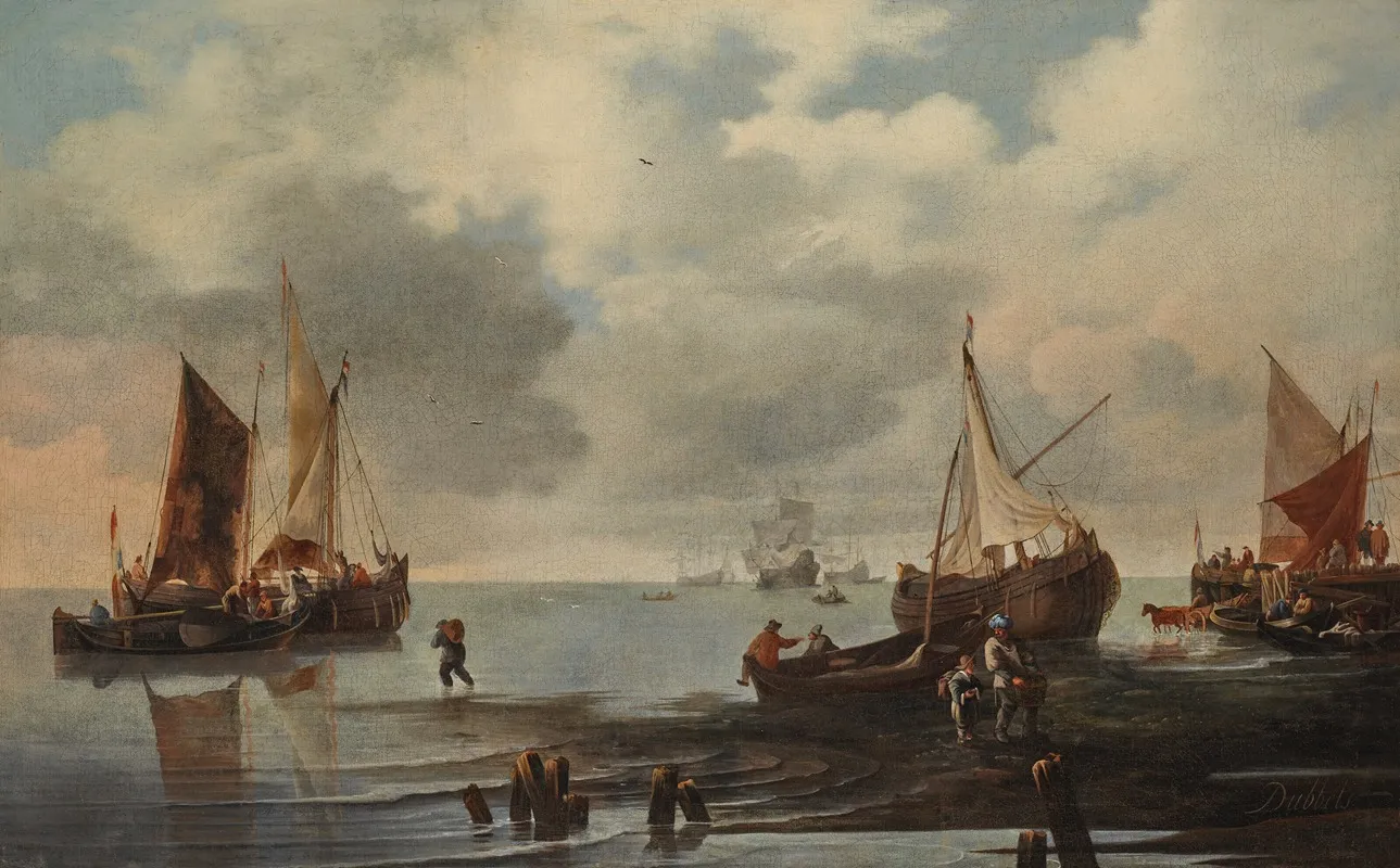 A Calm With Ships And Fishermen Along The Shore Wall Art by Hendrick Jacobsz. Dubbels - High-Resolution Digital Print