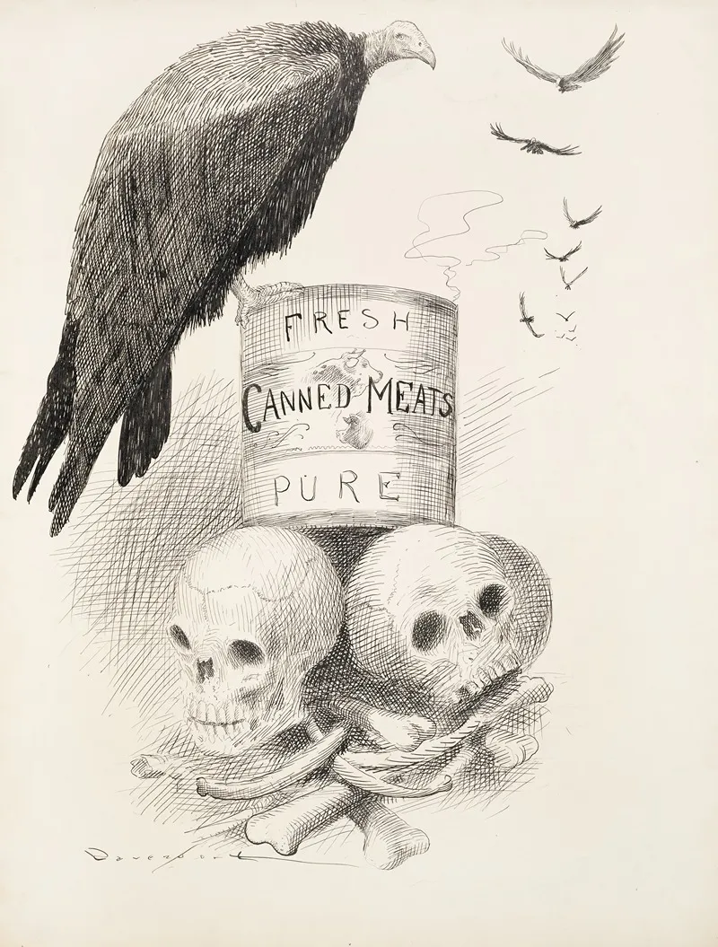 A Can Of Fresh Canned Meats Sits On Top Of Human Bones Vultures Circle The Can And One Sits On It