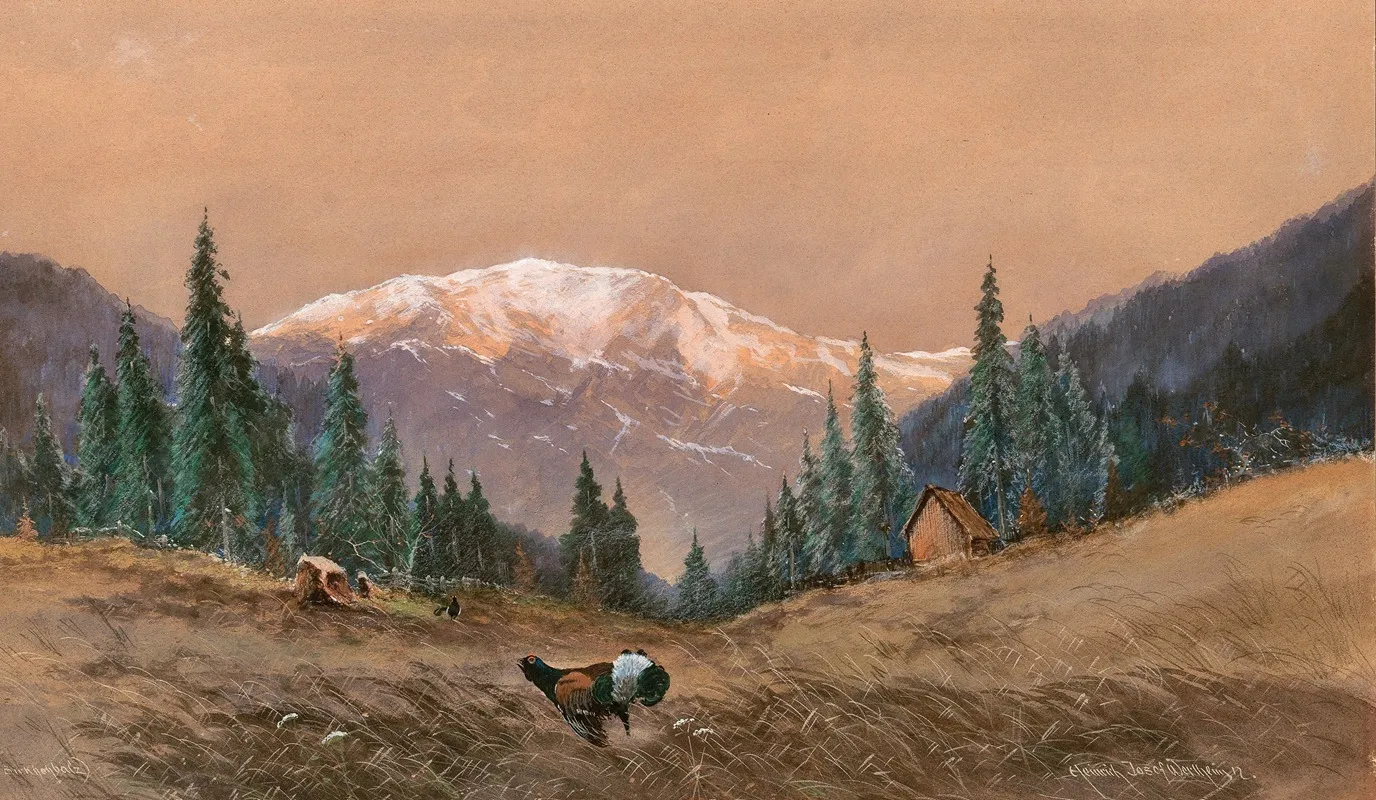 A Capercaillie At The Edge Of A Wood At Sunset Wall Art by Heinrich Josef Wertheim - High-Resolution Digital Print