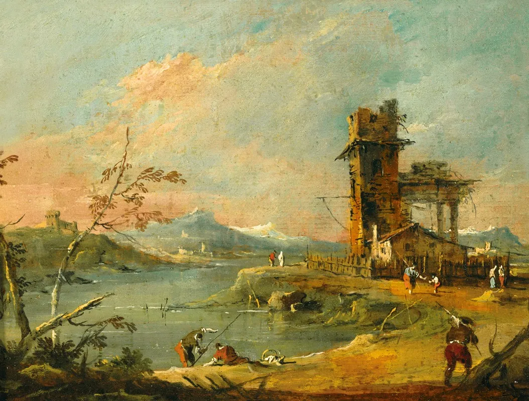 A Capriccio Of A Rustic Tower Beside A Lake With Mountains Beyond Wall Art by Francesco Guardi - High-Resolution Digital Print