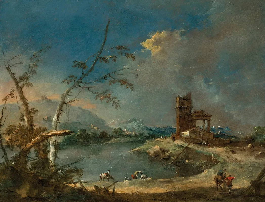 A Capriccio Of A Rustic Tower Beside A Lake Wall Art by Francesco Guardi - High-Resolution Digital Print