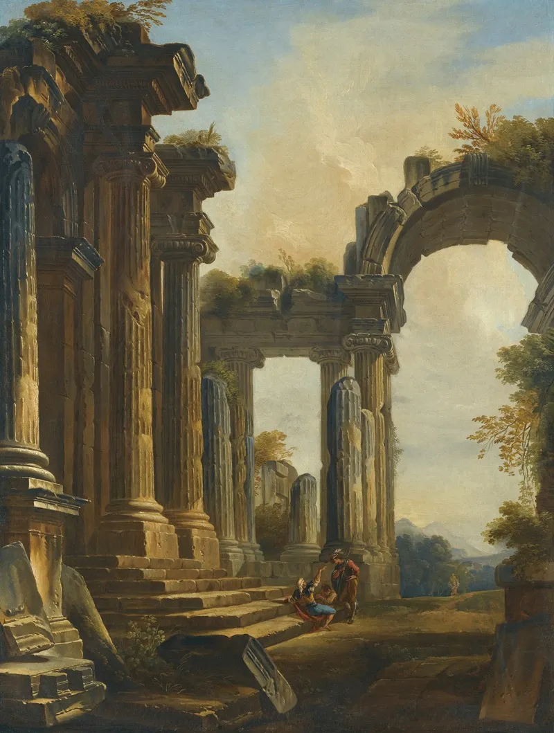 A Capriccio Of Classical Ruins With Three Men Conversing At The Steps Of A Temple Wall Art by Giovanni Niccolò Servandoni - High-Resolution Digital Print