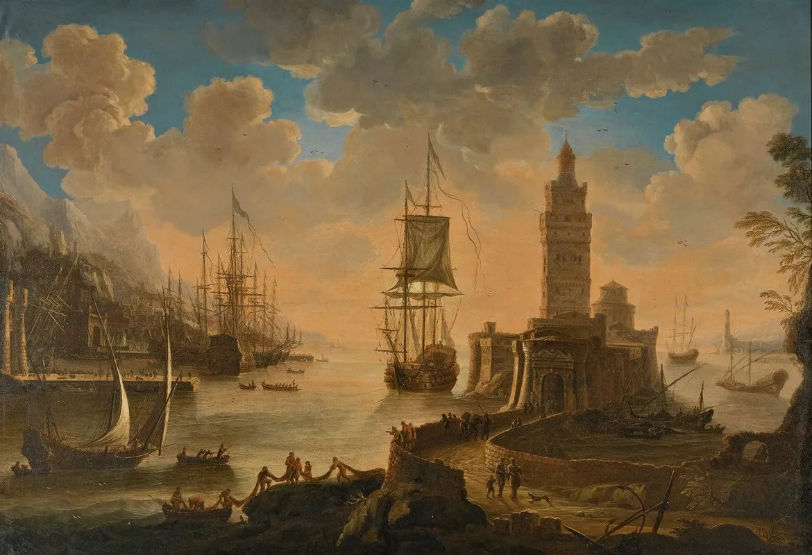 A Capriccio Of Shipping In A Mediterranean Harbour With Fishermen Unloading Their Boat In The Foreground Wall Art by Alessandro Grevenbroeck - High-Resolution Digital Print