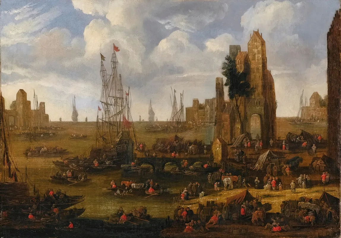 A Capriccio View Of A Busy Harbour Scene With Figures Loading Their Boats Wall Art by Pieter Casteels II - High-Resolution Digital Print