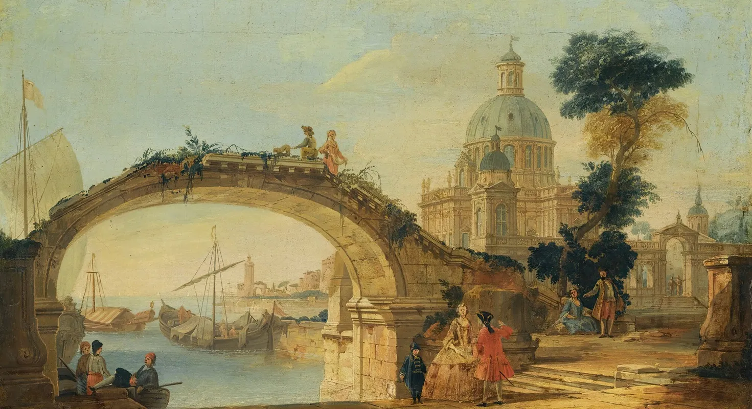 A Capriccio View With A Footbridge Over A River A Large Cathedral In The Background Wall Art by The Pseudo Battaglioli - High-Resolution Digital Print