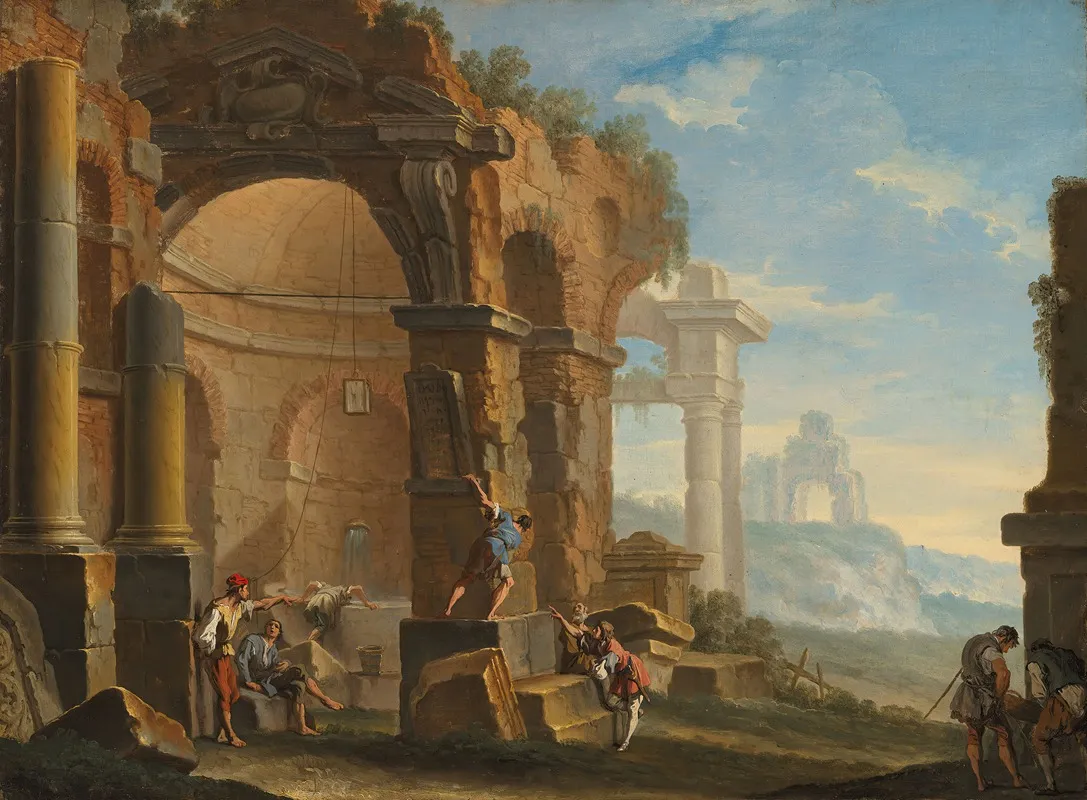A Capriccio With Figures Conversing By Classical Ruins Wall Art by Sebastiano Ricci - High-Resolution Digital Print