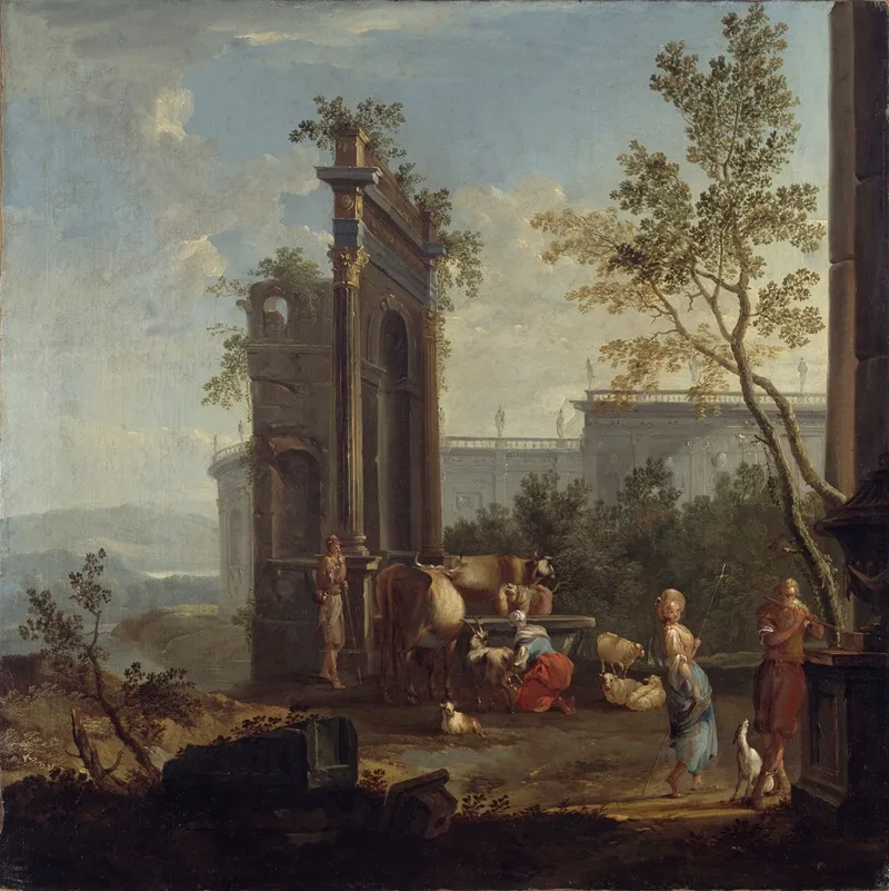 A Capriccio With Pastoral Figures And Animals Wall Art by Willem van der Hagen - High-Resolution Digital Print
