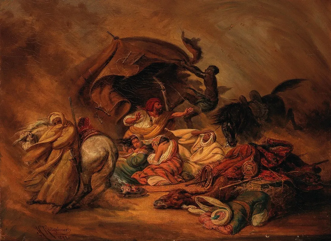 A Caravan In The Desert In A Simoom 2 Wall Art by Johann Hermann Kretzschmer - High-Resolution Digital Print