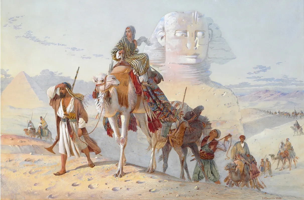 A Caravan With The Pyramids And Sphinx Beyond Wall Art by Joseph Austin Benwell - High-Resolution Digital Print