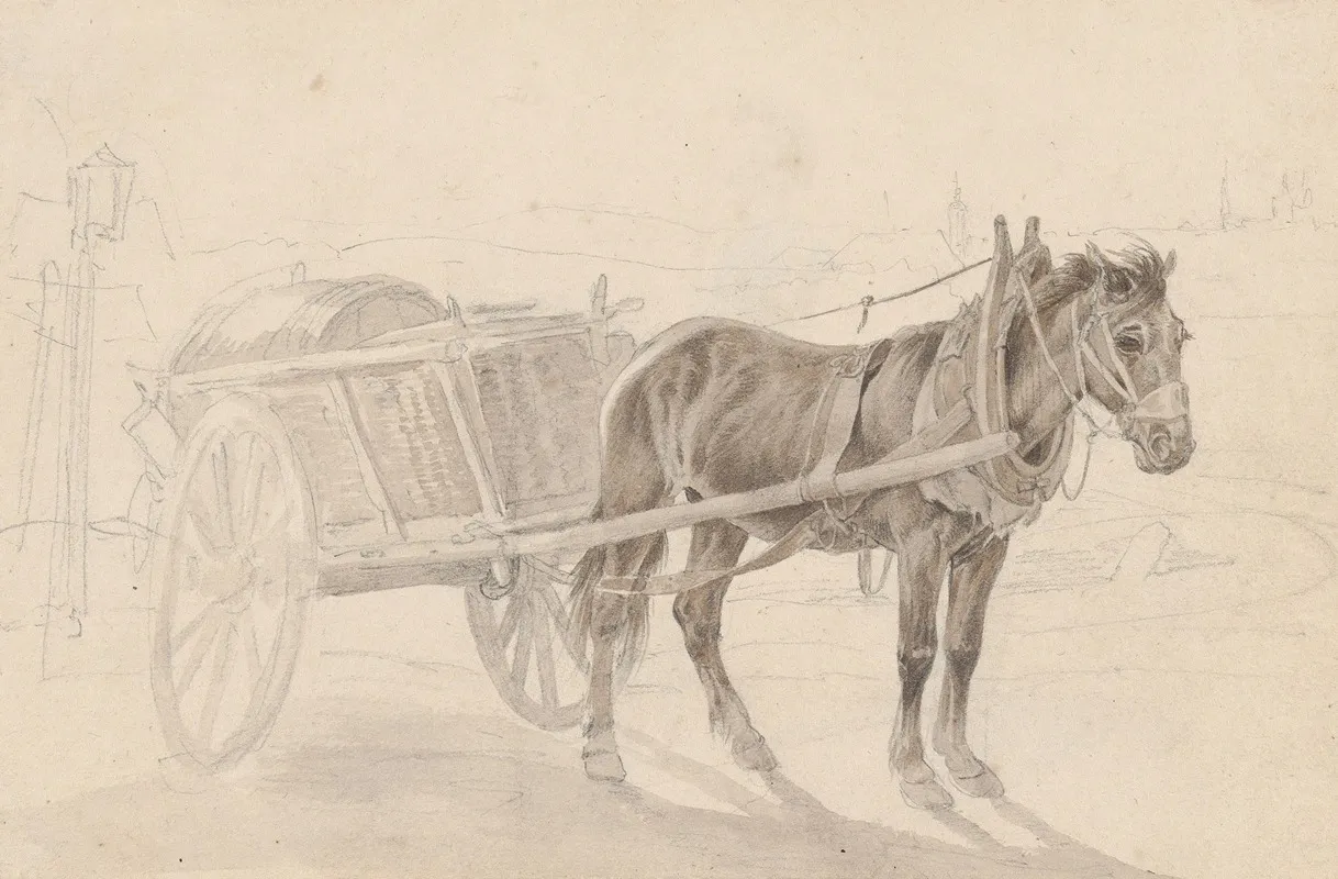 A Cart Drawn By A Brown Horse Near A Lamp Pole