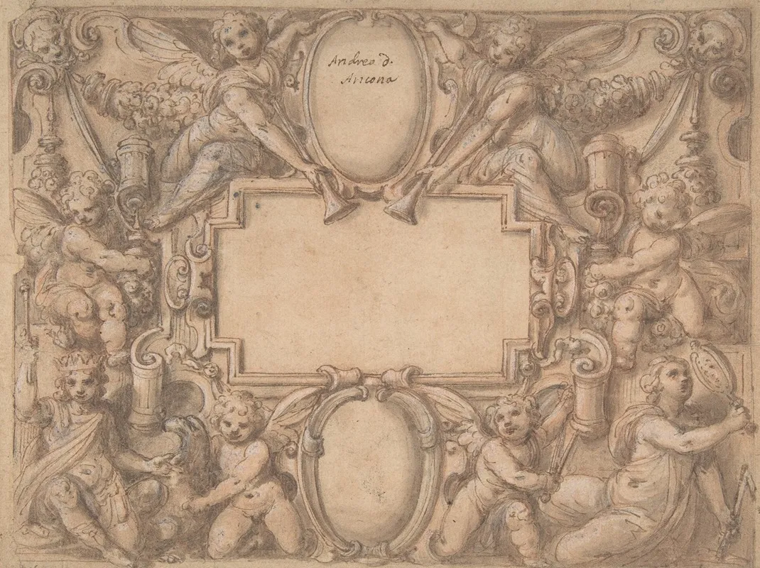 A Cartouche And Two Shields Surrounded By Allegorical Figures