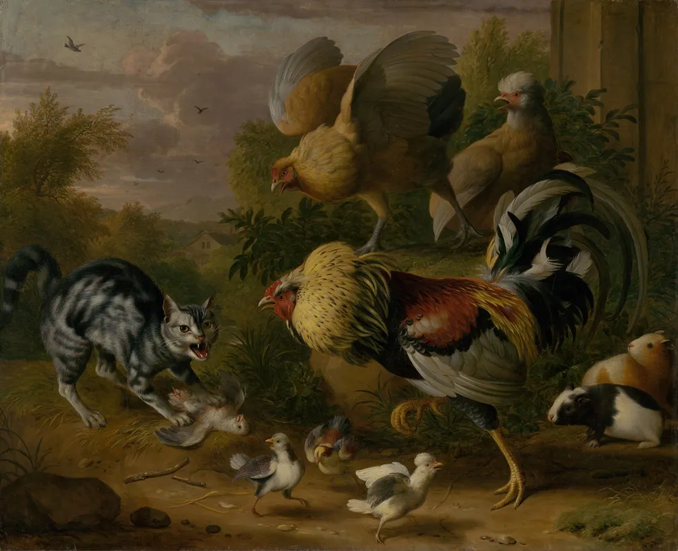 A Cat Among Roosters Wall Art by Jakob Bogdani - High-Resolution Digital Print