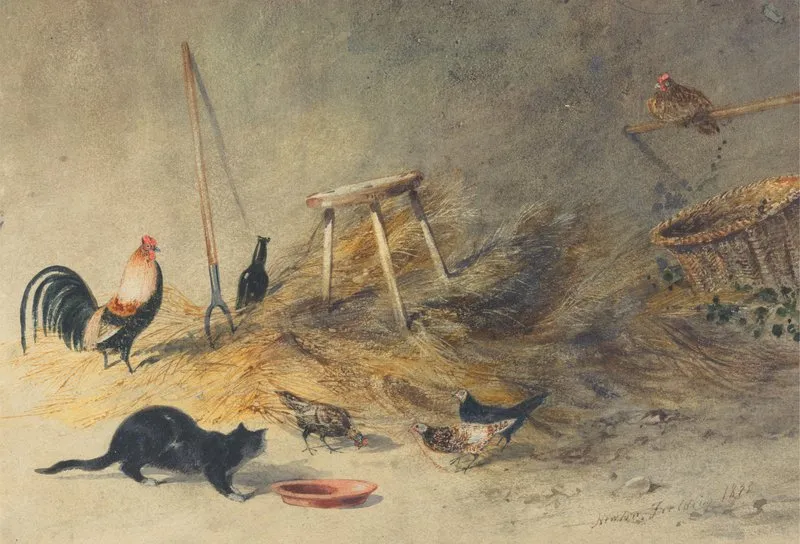 A Cat And Chickens Wall Art by Newton Limbird Smith Fielding - High-Resolution Digital Print