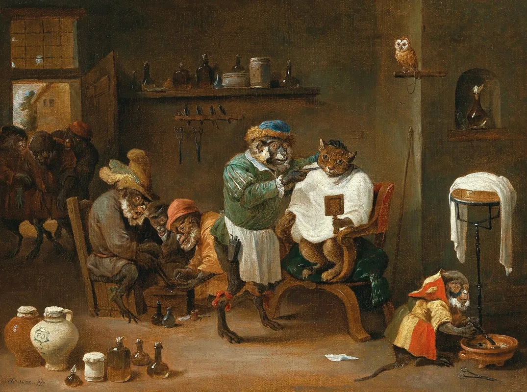 A Cat In A Barber Shop Run By Monkeys Wall Art by Abraham Teniers - High-Resolution Digital Print