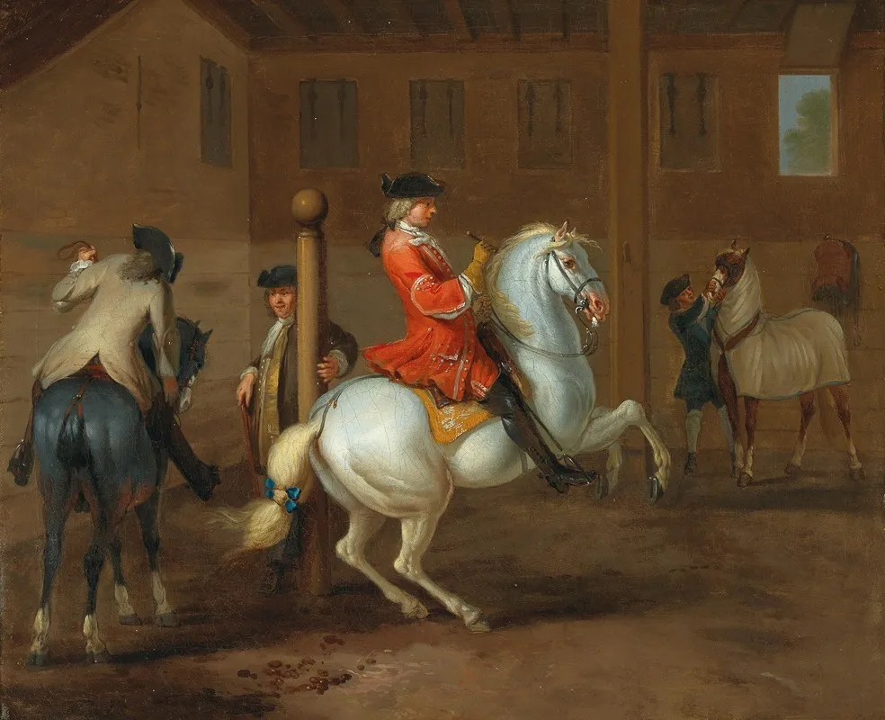A Cavalier On A Gray Horse In A Riding School Wall Art by Johann Georg de Hamilton - High-Resolution Digital Print