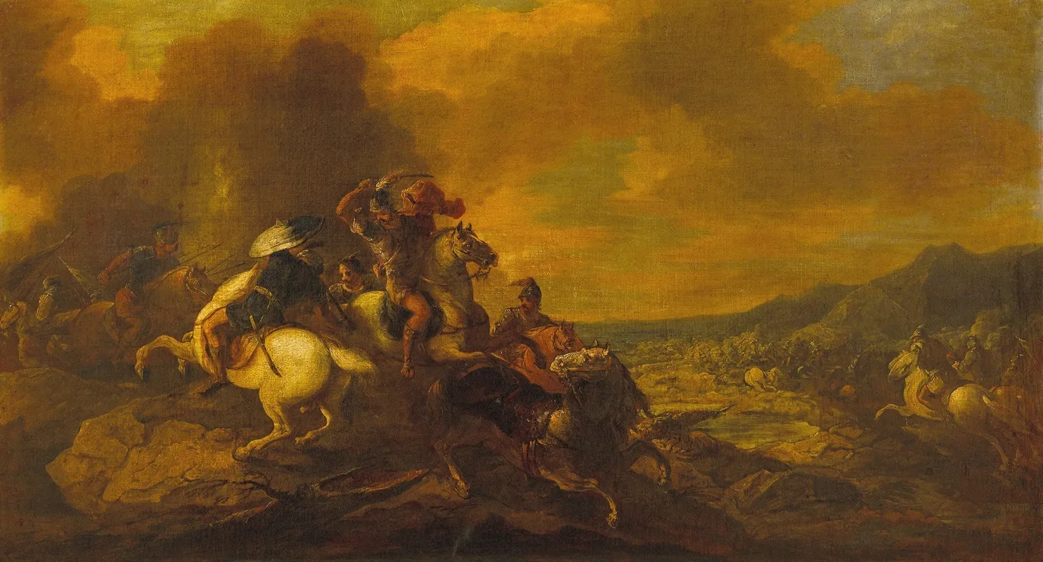 A Cavalry Battle Scene Wall Art by Follower of Salvator Rosa - High-Resolution Digital Print