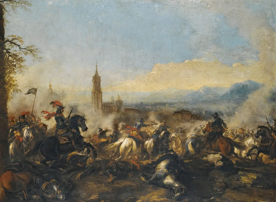 A Cavalry Engagement A Cathedral Beyond Wall Art by Jacques Courtois - High-Resolution Digital Print