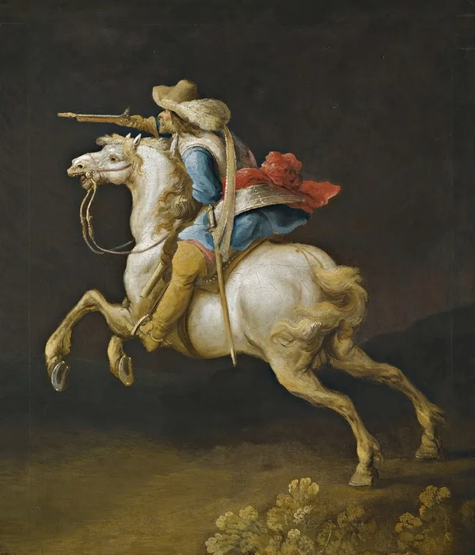 A Cavalry Officer Charging Wall Art by Gerrit Claesz. Bleker - High-Resolution Digital Print
