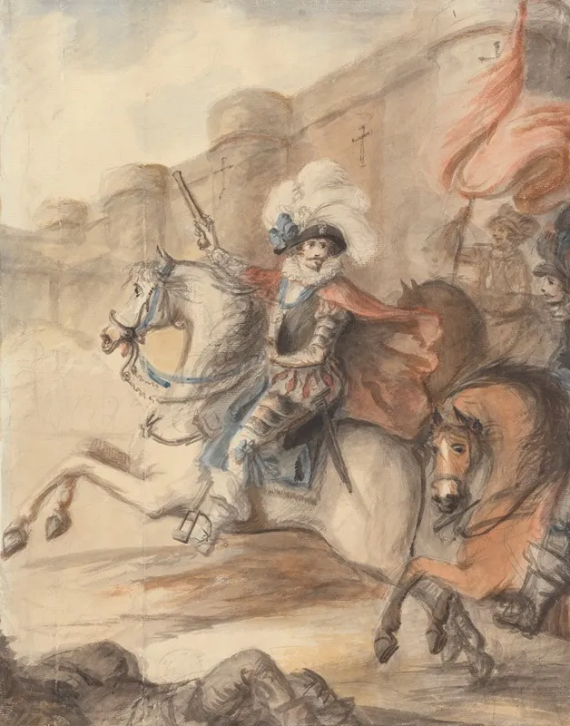 A Cavalry Officer Henry Iv Leading A Charge Outside A Castle
