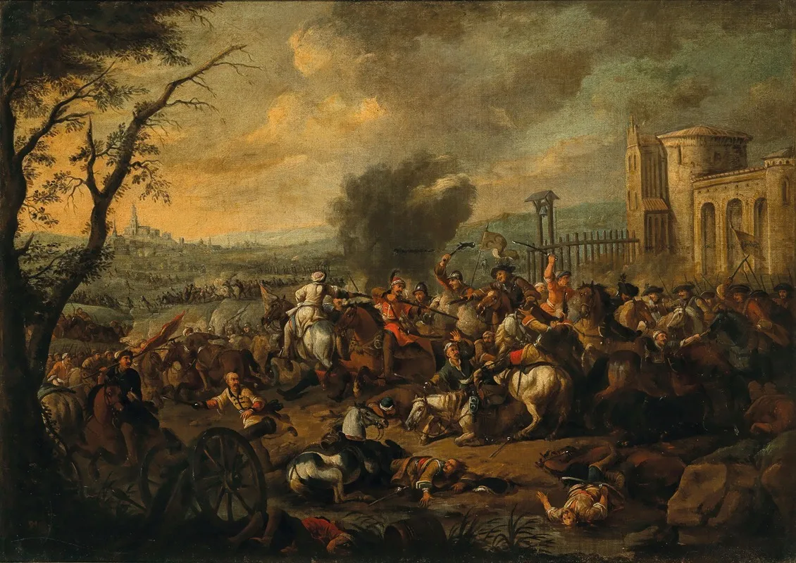 A Cavalry Skirmish Between Christians And Turks Wall Art by August Querfurt - High-Resolution Digital Print