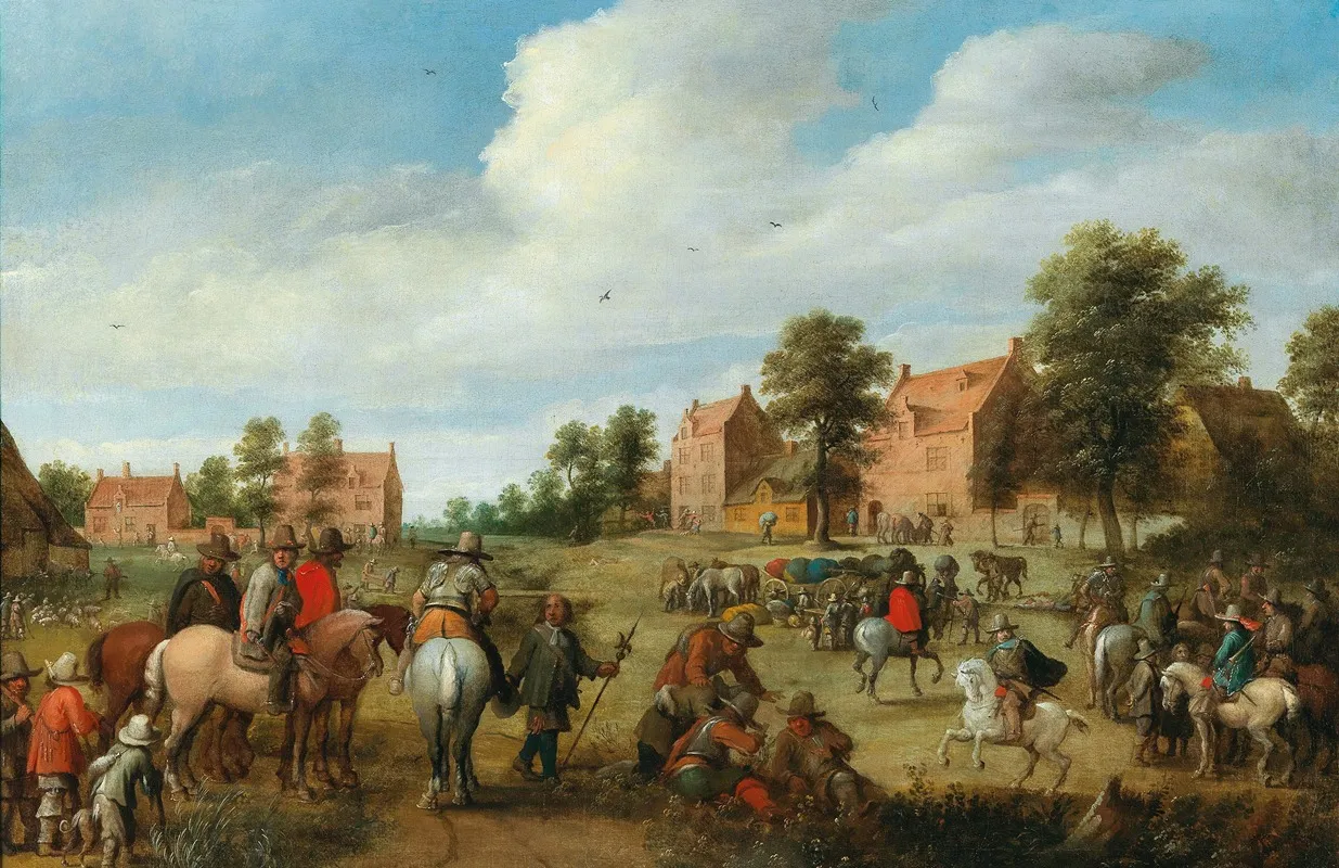 A Cavalry Unit Halting Near A Village Wall Art by Joost Cornelisz Droochsloot - High-Resolution Digital Print