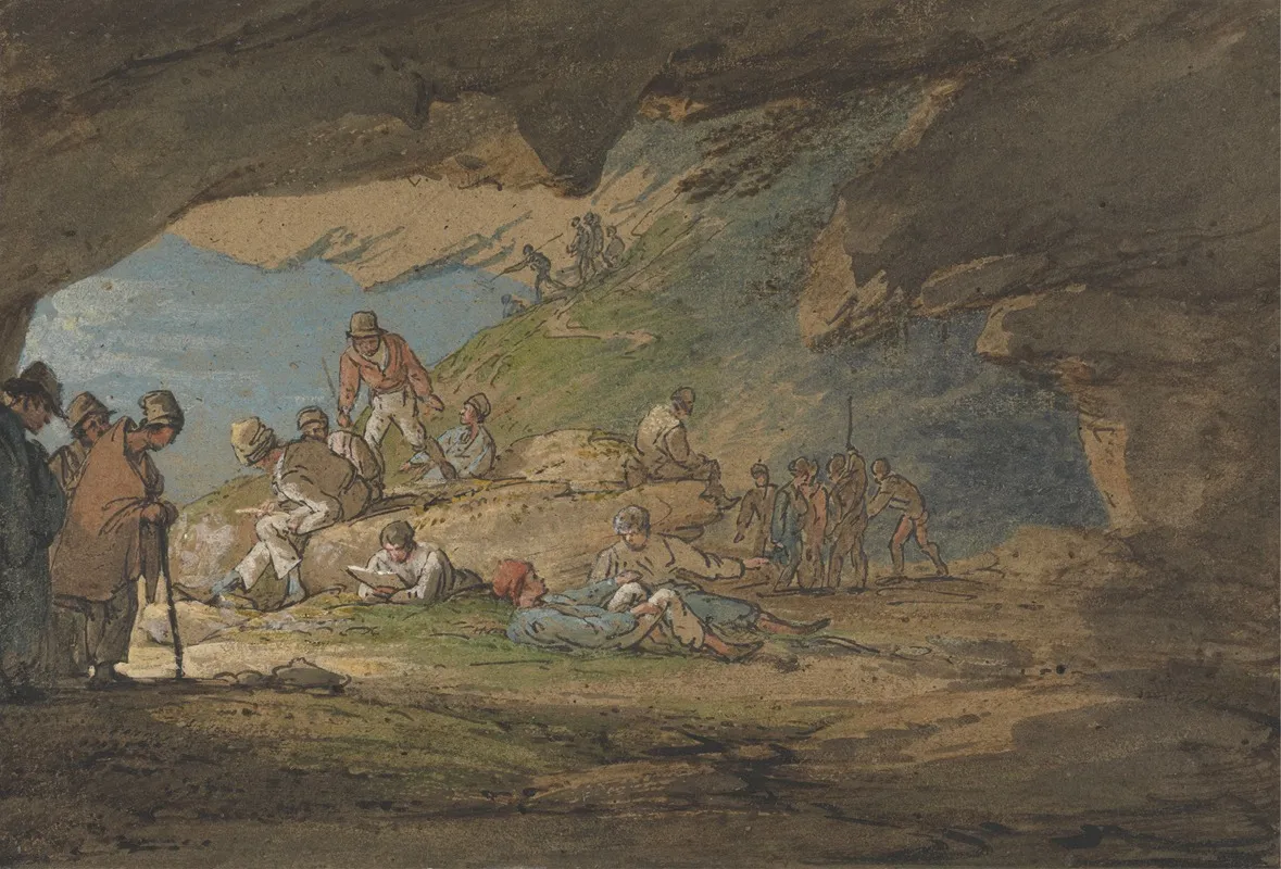 A Cave In Sunlight With Figures