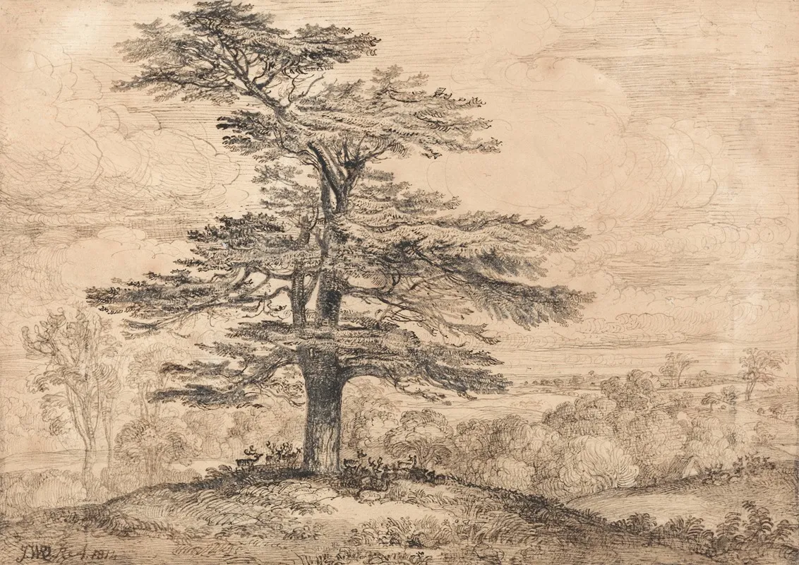 A Cedar On A Rise With A Herd Of Deer Grouped Beneath Its Shade Wall Art by James Ward - High-Resolution Digital Print