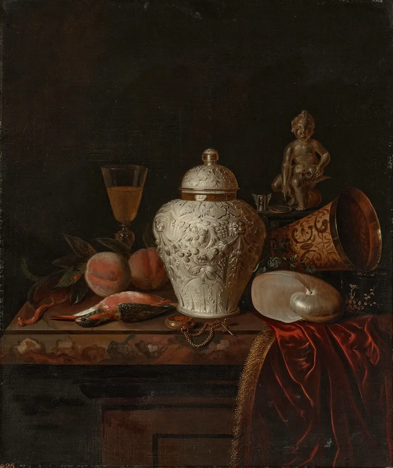 A Chased Silver Ginger Jar A Pocket Watch A Nautilis Shell A Silver Gilt Goblet A Kingfisher Fruit And Other Objects On A Partially Draped Marble Ledge Wall Art by Pieter Gerritsz. Van Roestraten - High-Resolution Digital Print