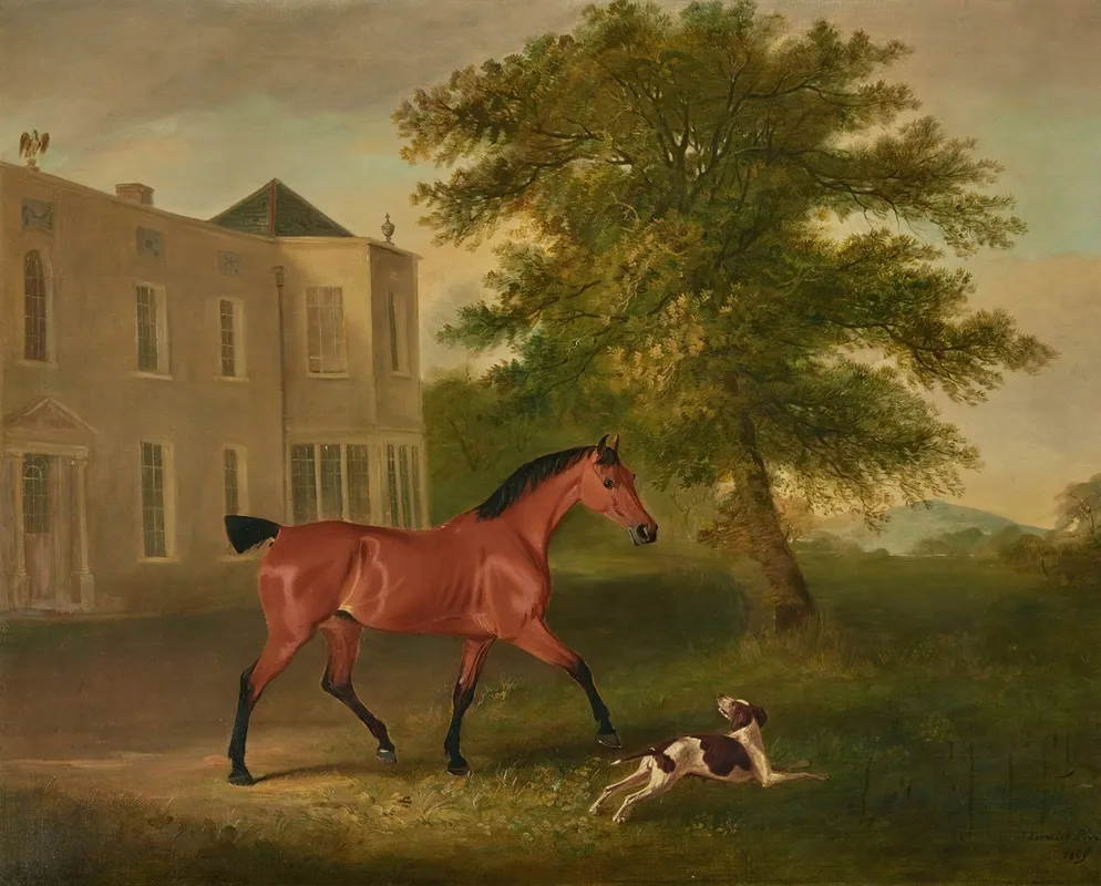 A Chestnut Horse And A Hound Outside Humewood Manor Co Wicklow Wall Art by John Ferneley - High-Resolution Digital Print