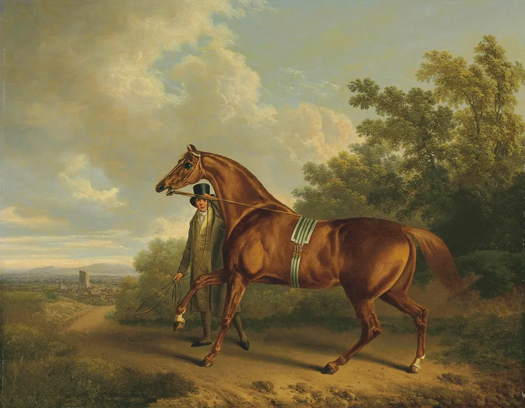 A Chestnut Hunter And His Groom In A Landscape Wall Art by Charles Towne - High-Resolution Digital Print
