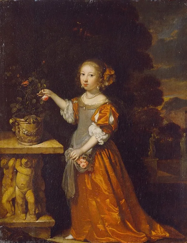 A Child Plucking A Rose Wall Art by Caspar Netscher - High-Resolution Digital Print