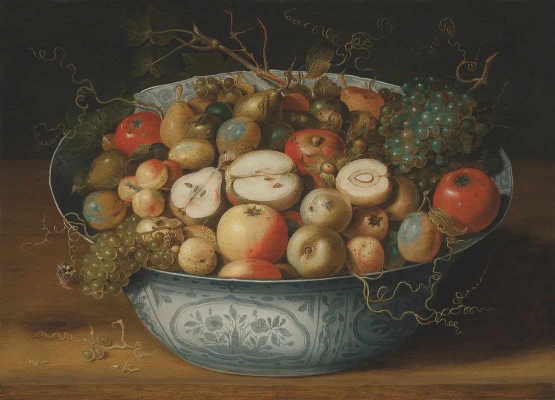 A Chinese Bowl With Apples Plumbs Grapes And Nuts Wall Art by Osias Beert the Elder - High-Resolution Digital Print