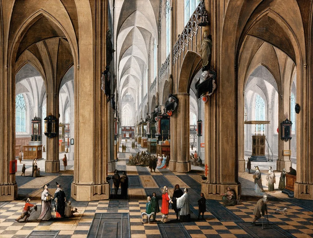 A Church Interior With Elegant Figures Strolling And Figures Attending Mass Wall Art by Pieter Neeffs the Elder - High-Resolution Digital Print