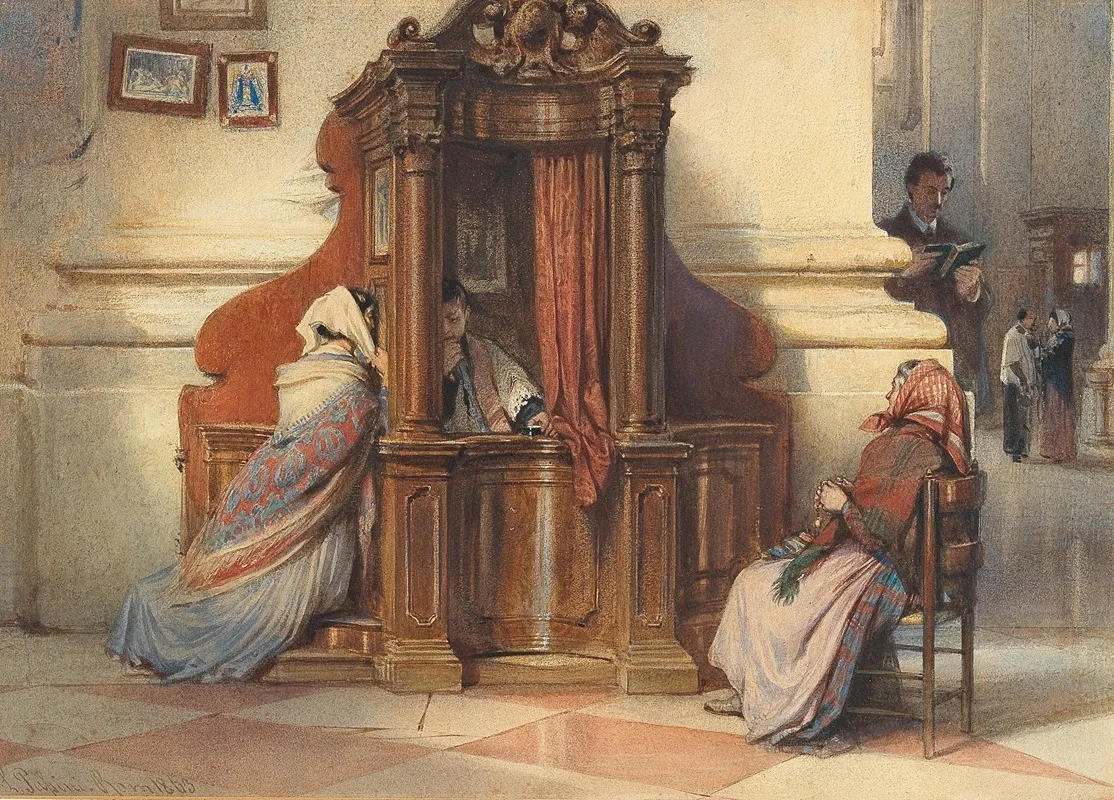 A Church Interior With Women At The Confessional 2 Wall Art by Ludwig Johann Passini - High-Resolution Digital Print
